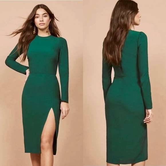 NWT REFORMATION Emerald Crepe Long Sleeve Puffed Shoulder Side Slit Midi Dress 4 - Picture 1 of 7